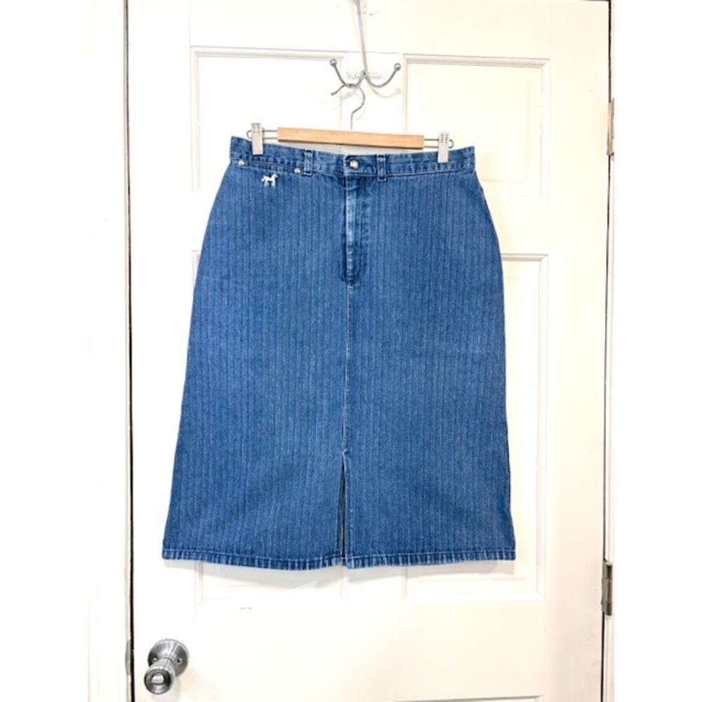 Vintage‎ Pizzazz Pinstripe Denim Skirt Sz 16 Blue Western Horse Embroidered Midi